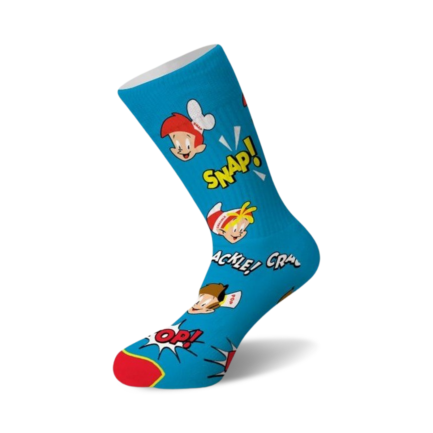 Crew socks in teal blue, featuring the Snap, Crackle, and Pop Rice Krispies characters and comic-style 'SNAP!', 'CRACKLE!', 'POP!' text.