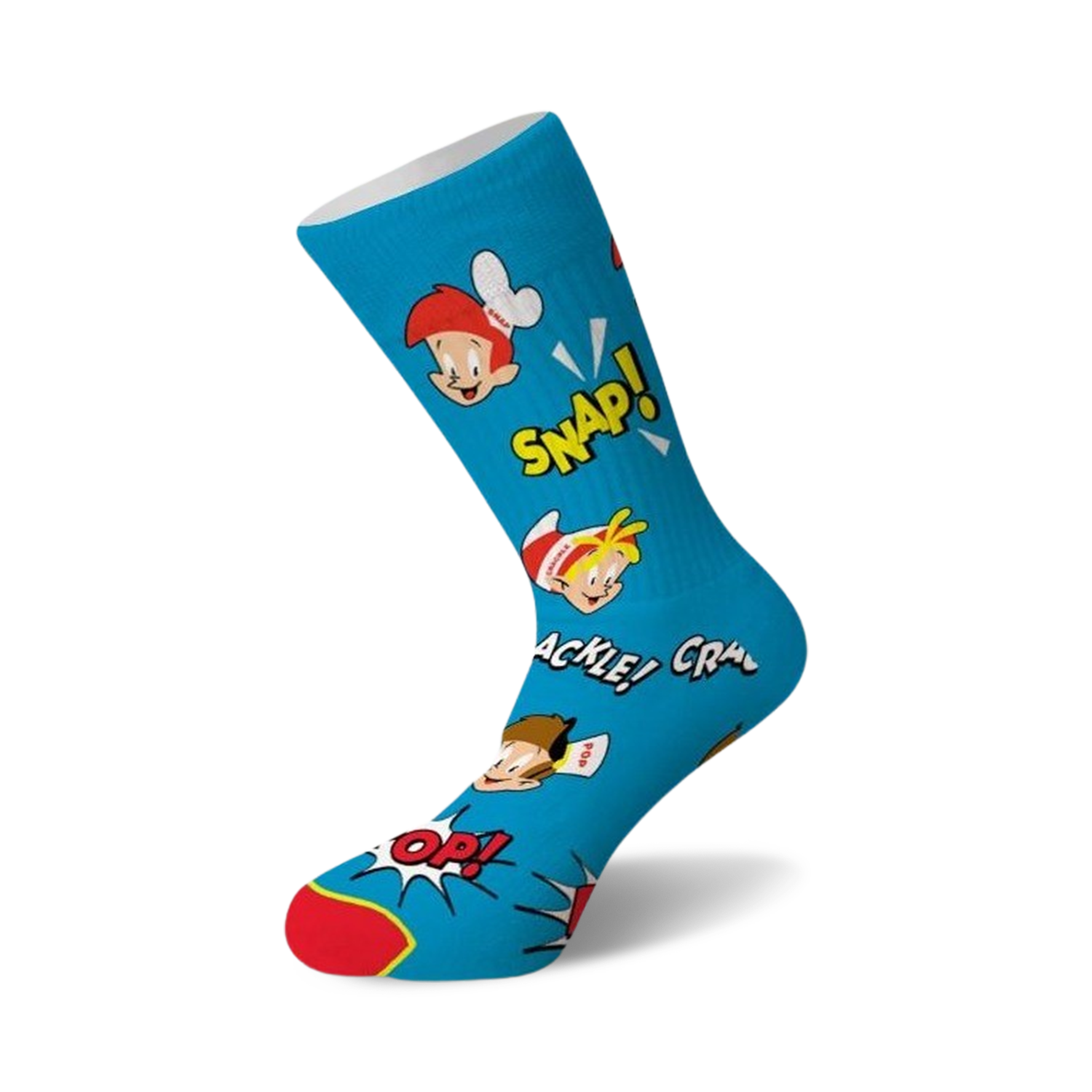 Crew socks in teal blue, featuring the Snap, Crackle, and Pop Rice Krispies characters and comic-style 'SNAP!', 'CRACKLE!', 'POP!' text.