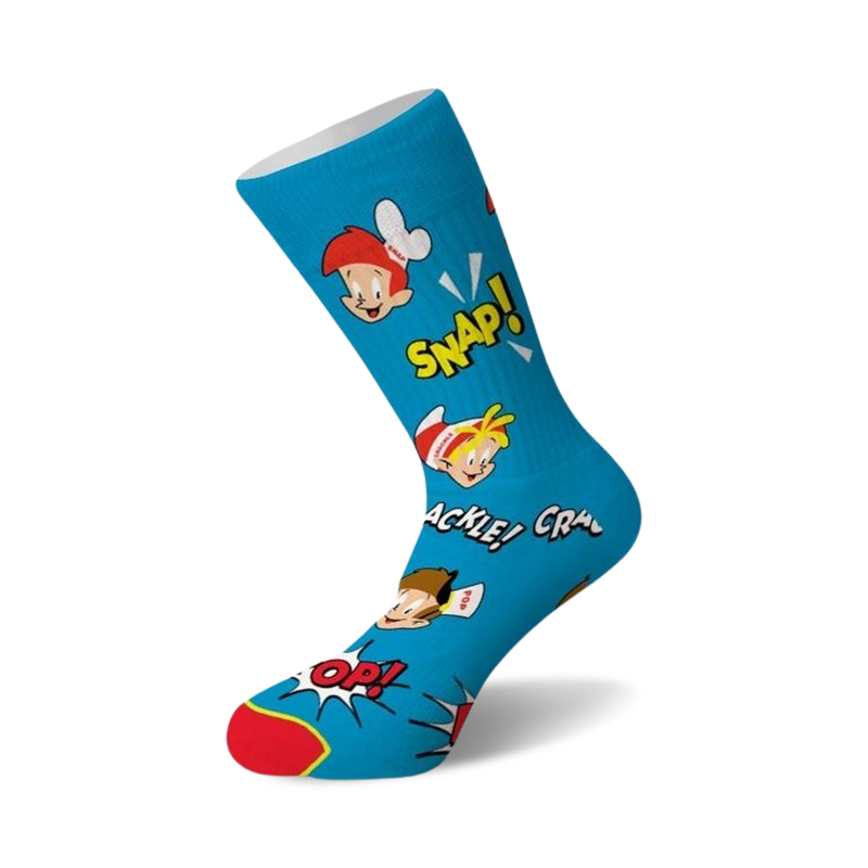 Crew socks in teal blue, featuring the Snap, Crackle, and Pop Rice Krispies characters and comic-style 'SNAP!', 'CRACKLE!', 'POP!' text.
