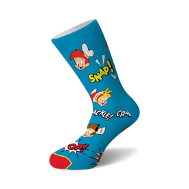 blue crew socks feature a pattern of kellogg's rice krispies mascots snap, crackle, and pop; red toe and heel; white top   