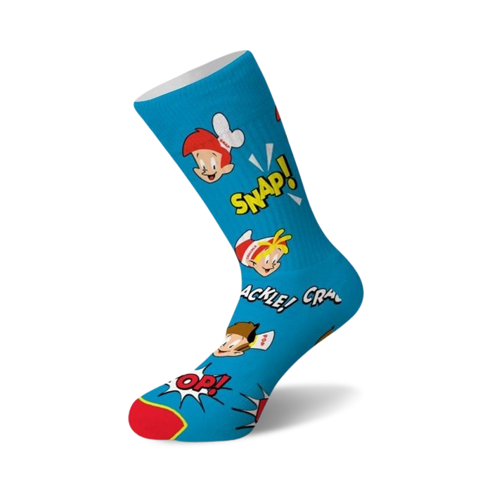 blue crew socks feature a pattern of kellogg's rice krispies mascots snap, crackle, and pop; red toe and heel; white top    }}