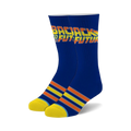 Pair of Back to the Future crew socks.  Navy blue with orange, yellow, and light blue stripes at the cuffs and the movie logo.