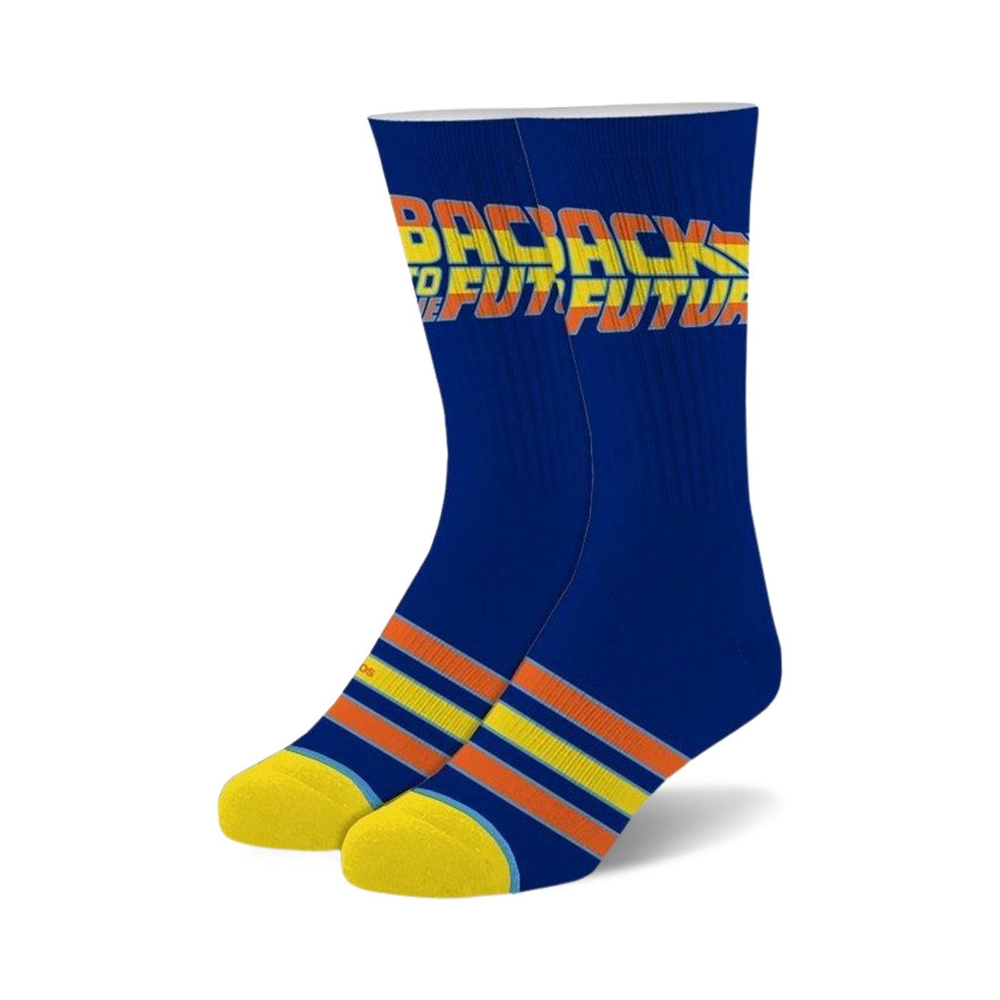 Pair of Back to the Future crew socks.  Navy blue with orange, yellow, and light blue stripes at the cuffs and the movie logo.