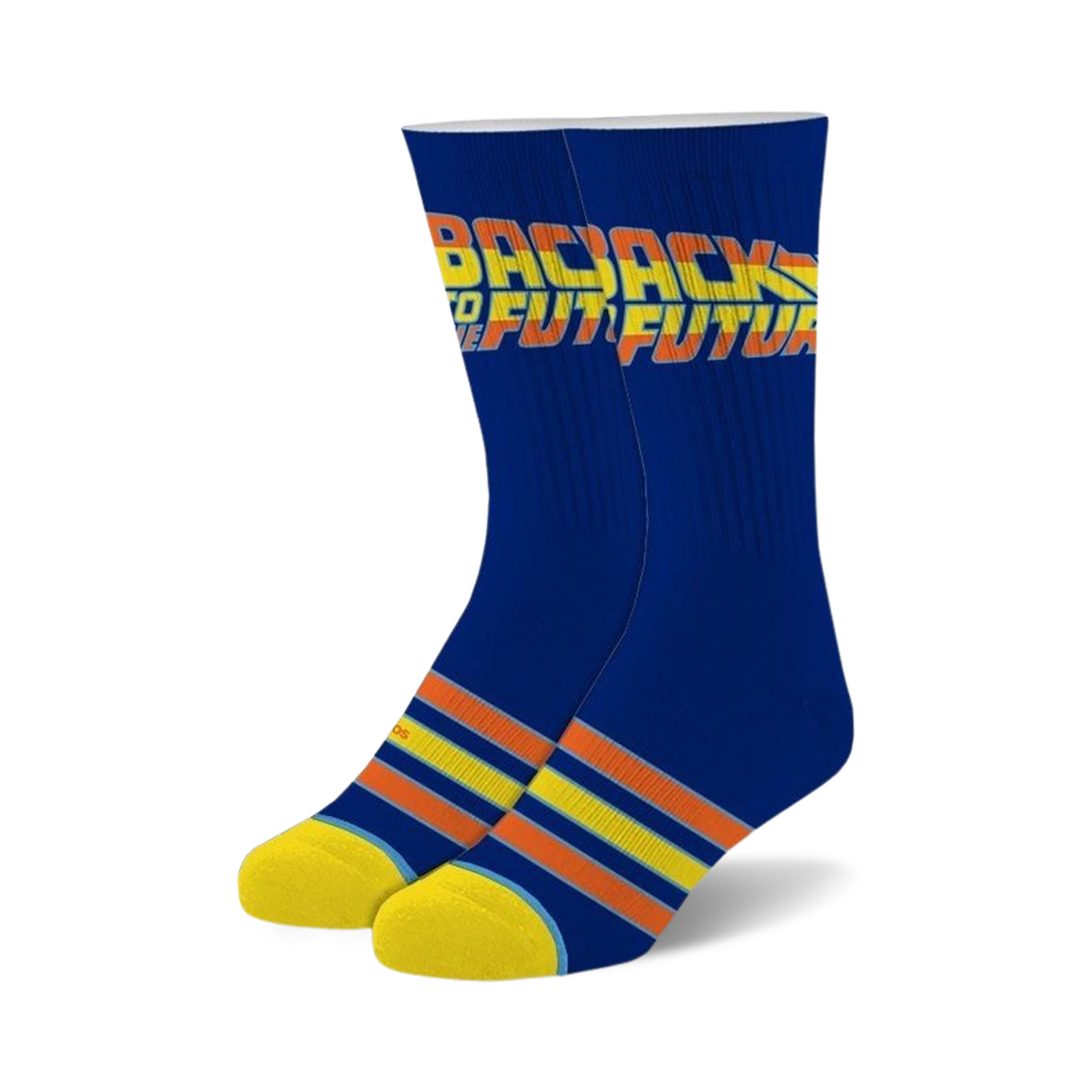 Pair of Back to the Future crew socks.  Navy blue with orange, yellow, and light blue stripes at the cuffs and the movie logo.