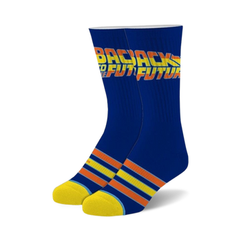 blue crew socks with yellow toe and heel and horizontal yellow, red, and orange stripes. back to the future theme. for men and women.  
