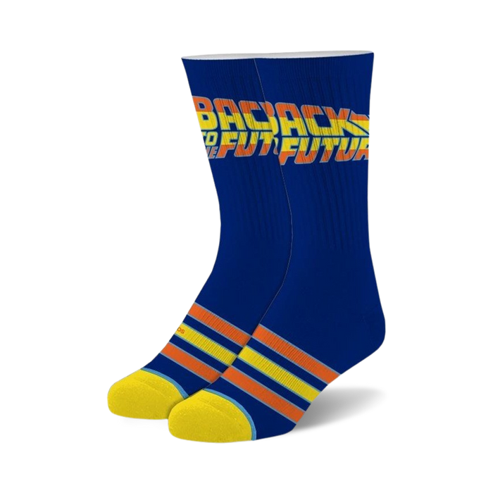 blue crew socks with yellow toe and heel and horizontal yellow, red, and orange stripes. back to the future theme. for men and women.   }}