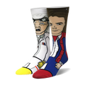 A pair of crew socks showing cartoon illustrations of Doc Brown and Marty McFly from Back to the Future.  Colors include white, blue, red, and yellow.