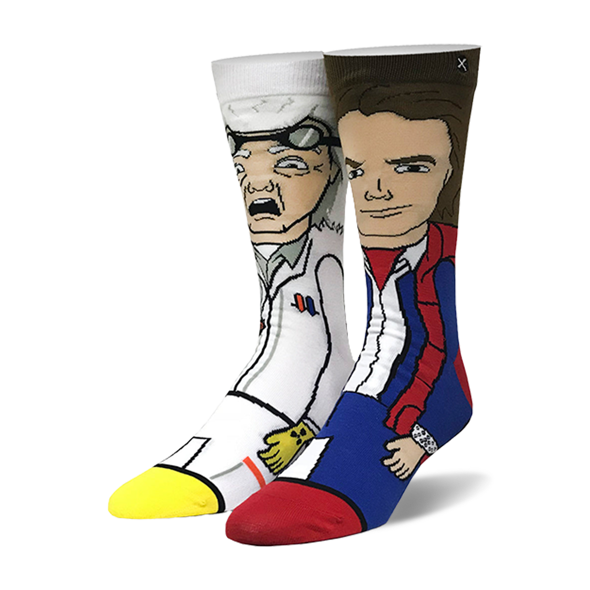 A pair of crew socks showing cartoon illustrations of Doc Brown and Marty McFly from Back to the Future.  Colors include white, blue, red, and yellow.