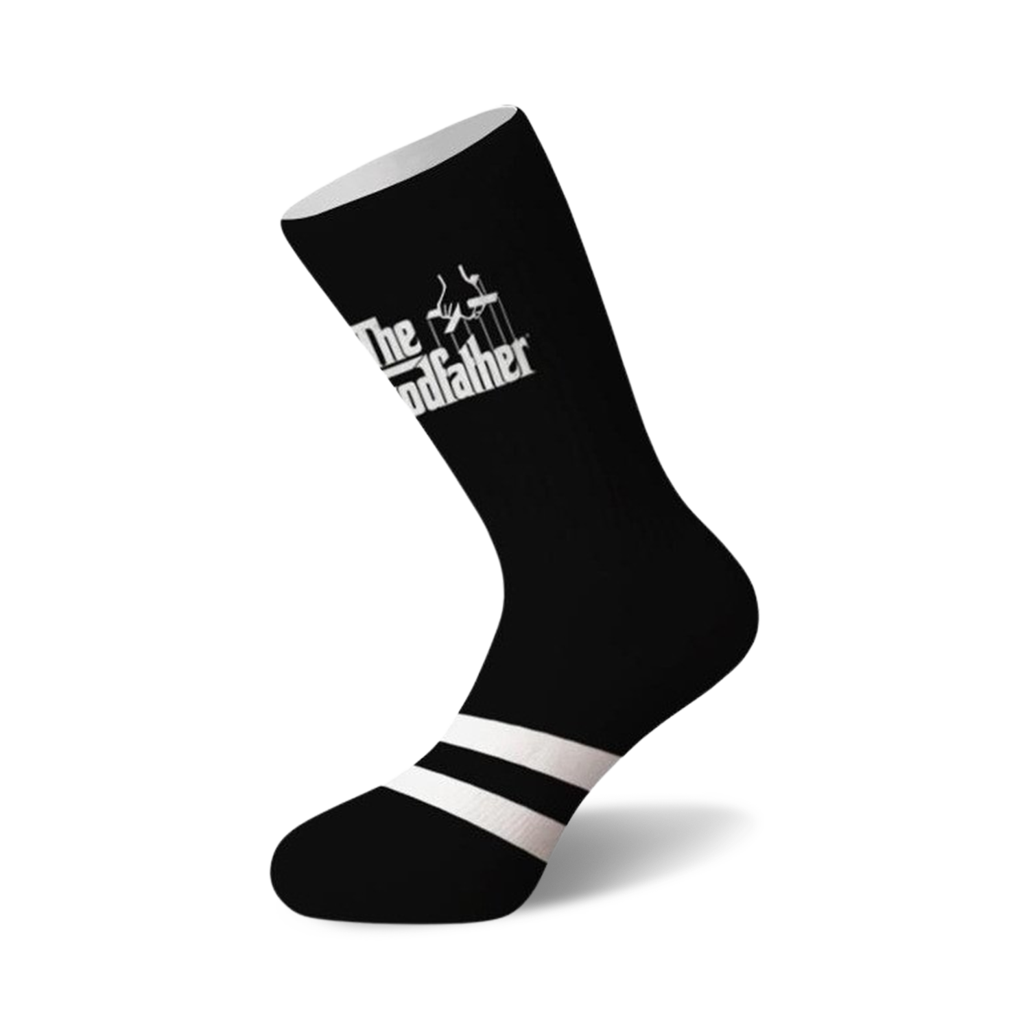 Black crew socks with white stripes at the ankle.  The Godfather logo in white is featured on the upper part of the sock.