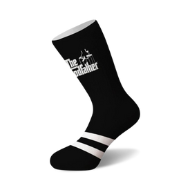 black crew socks with white logo of the godfather movie including text and two white stripes at the top. available for men and women.  