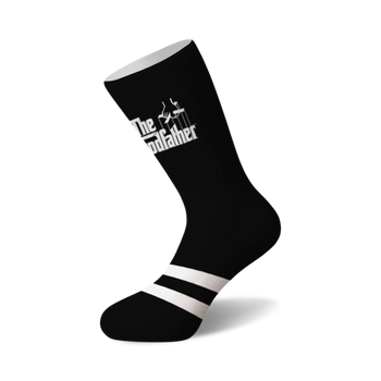 black crew socks with white logo of the godfather movie including text and two white stripes at the top. available for men and women.  