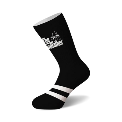 black crew socks with white logo of the godfather movie including text and two white stripes at the top. available for men and women.  