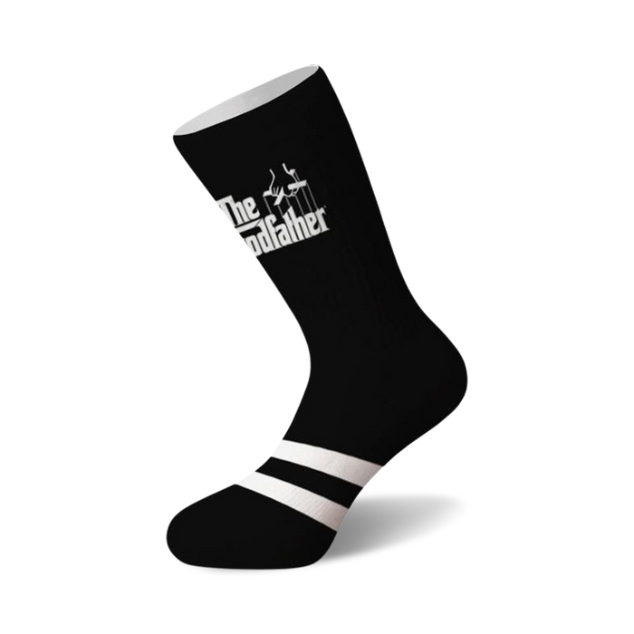 black crew socks with white logo of the godfather movie including text and two white stripes at the top. available for men and women.   }}