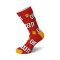 A single red crew sock with a "CHEEZ IT" text pattern and yellow cheese cracker squares. Yellow toe and heel.