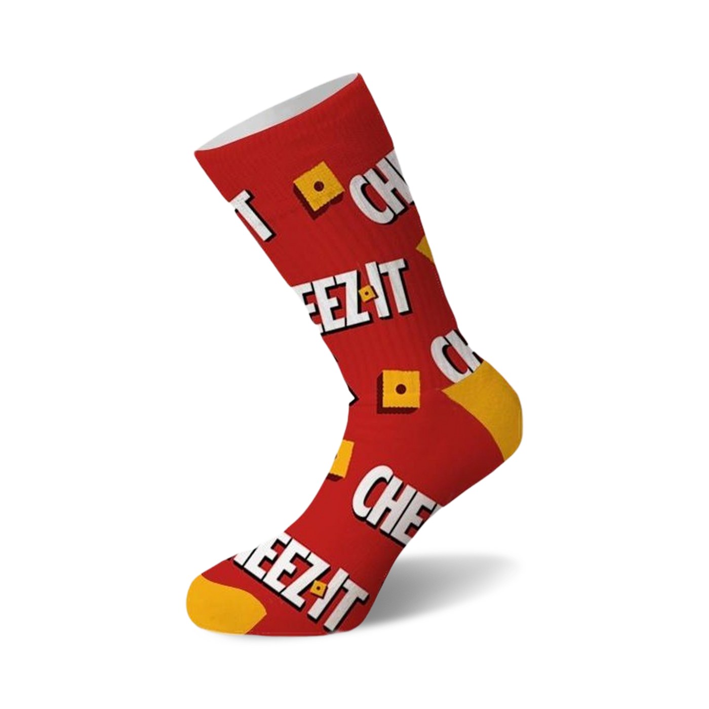 A single red crew sock with a "CHEEZ IT" text pattern and yellow cheese cracker squares. Yellow toe and heel.