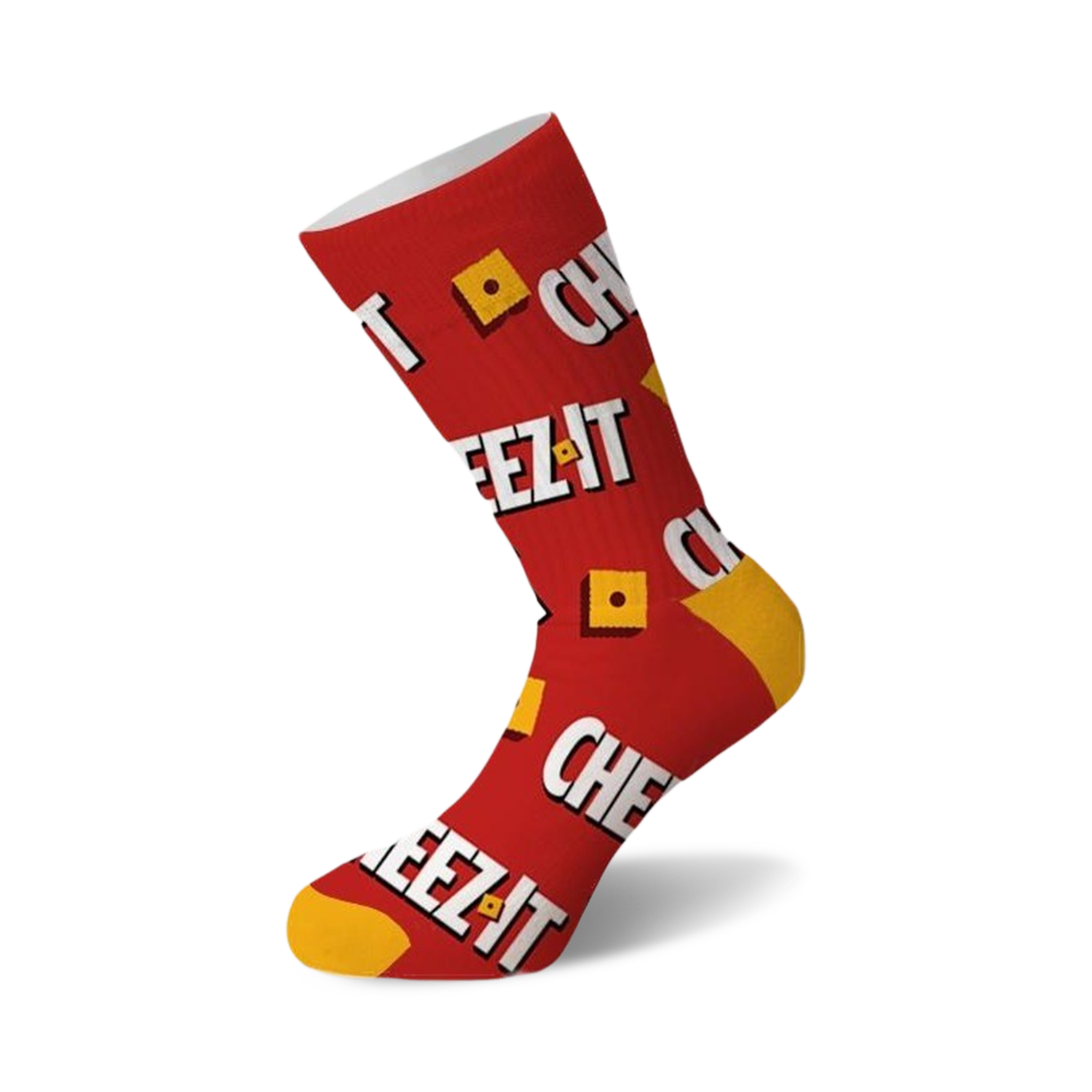 A single red crew sock with a "CHEEZ IT" text pattern and yellow cheese cracker squares. Yellow toe and heel.