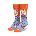 A pair of Chucky Good Guy crew socks.  They're blue with orange cuffs and feature Chucky's face and knife.