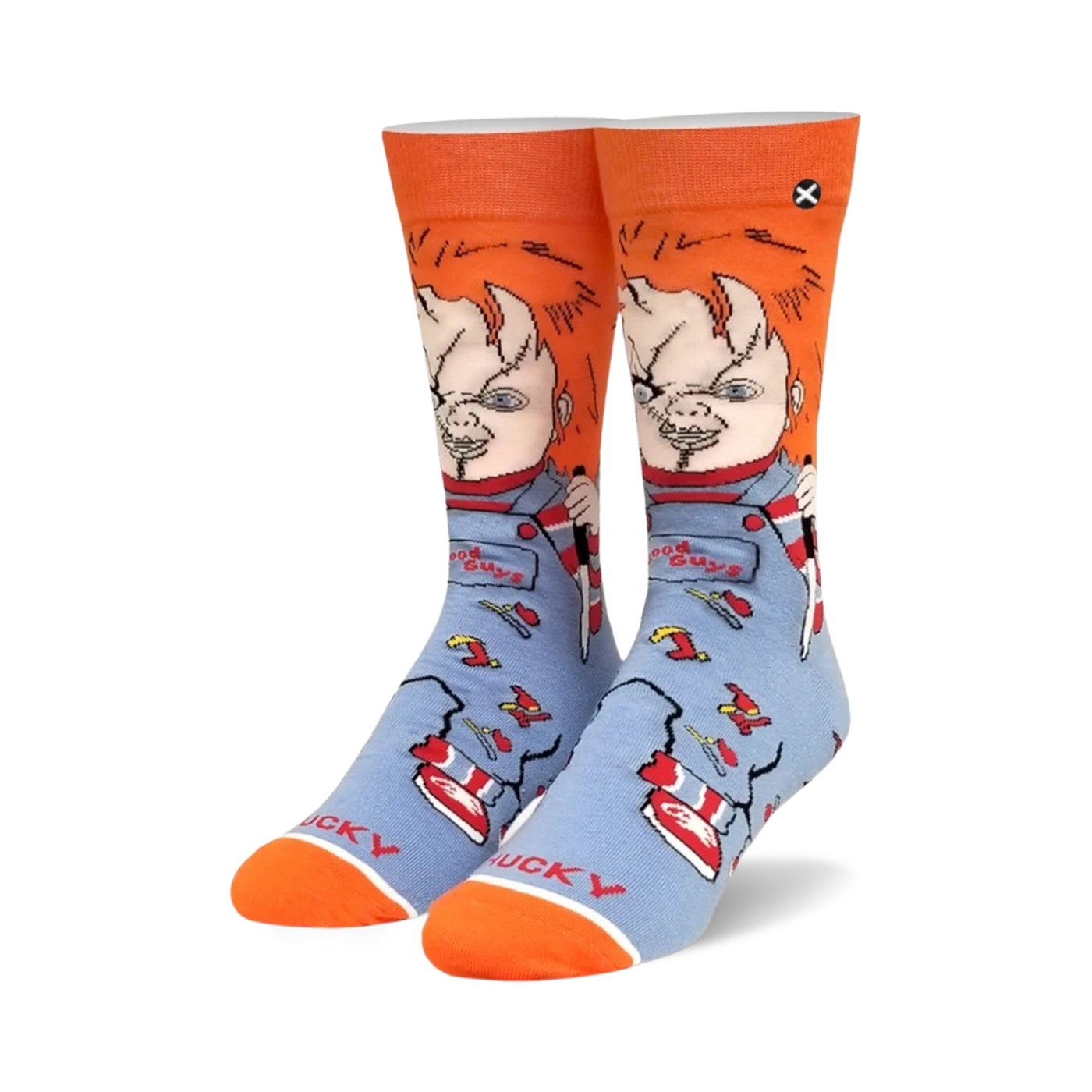 A pair of Chucky Good Guy crew socks.  They're blue with orange cuffs and feature Chucky's face and knife.
