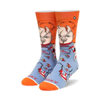 A pair of Chucky Good Guy crew socks.  They're blue with orange cuffs and feature Chucky's face and knife.