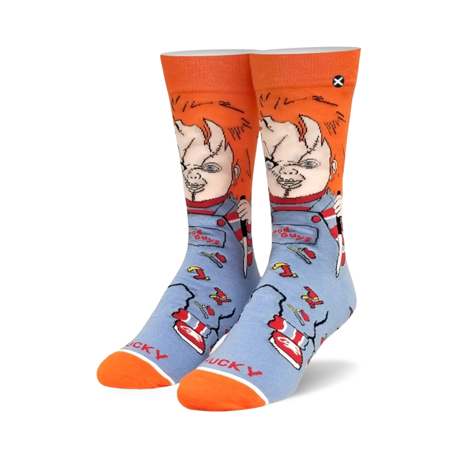 A pair of Chucky Good Guy crew socks.  They're blue with orange cuffs and feature Chucky's face and knife.