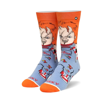 orange and blue chucky novelty socks feature child's play character holding knife.   