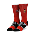 A pair of red crew socks with black and white accents. One sock features a small portrait, the other a white 'X'.