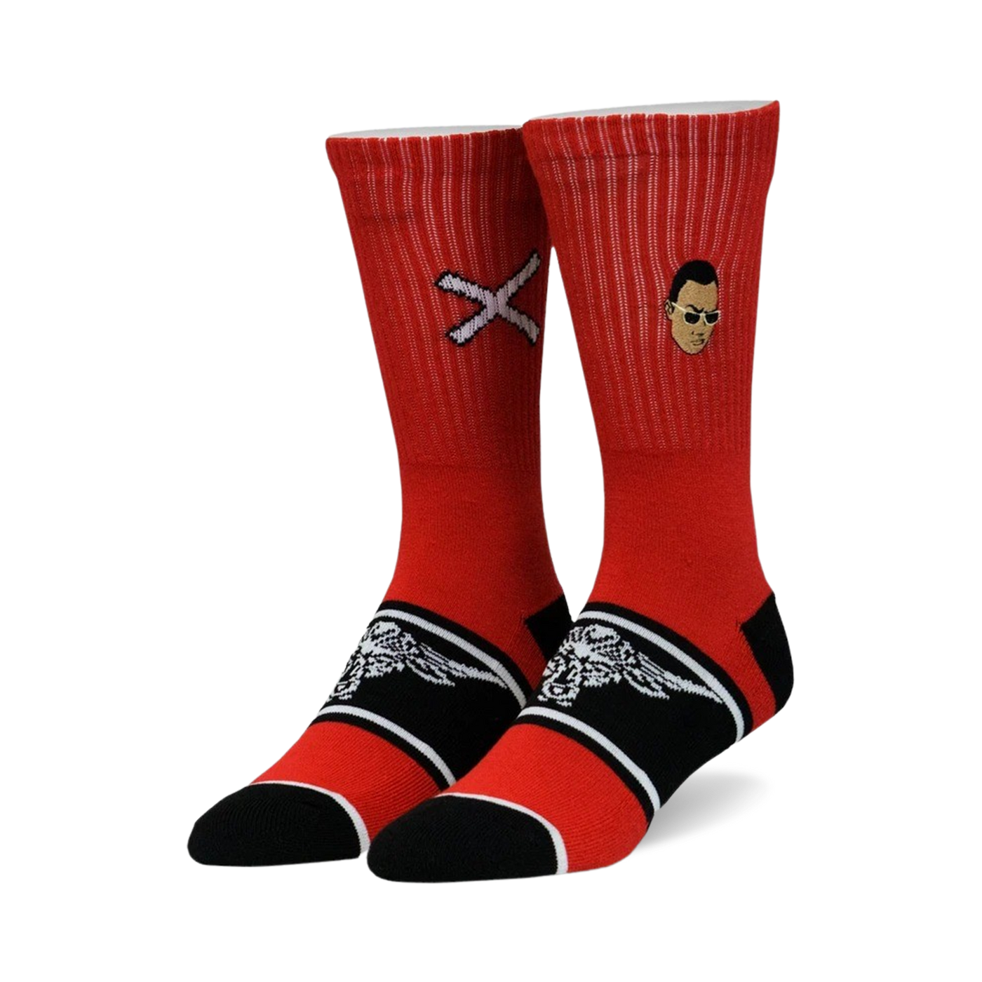 A pair of red crew socks with black and white accents. One sock features a small portrait, the other a white 'X'.