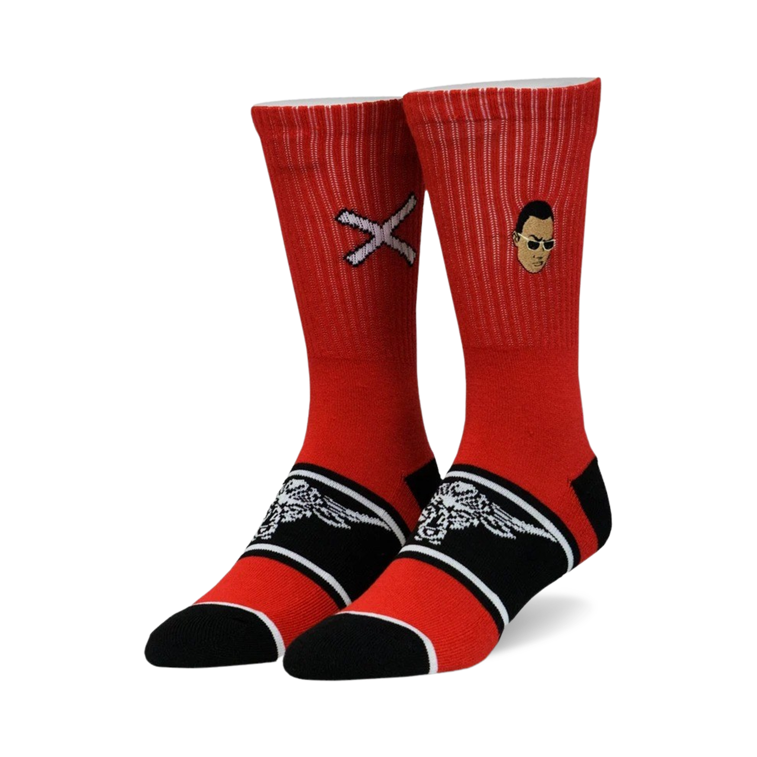 A pair of red crew socks with black and white accents. One sock features a small portrait, the other a white 'X'.