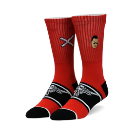 red crew socks with black and white stripes, black toes and heels. brahma bull logo with sunglasses on outer ankle and small black "x" on outer calf. for men and women. wwe theme.   