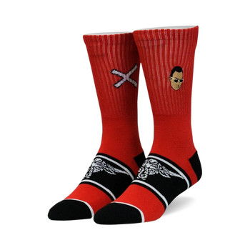 red crew socks with black and white stripes, black toes and heels. brahma bull logo with sunglasses on outer ankle and small black "x" on outer calf. for men and women. wwe theme.   