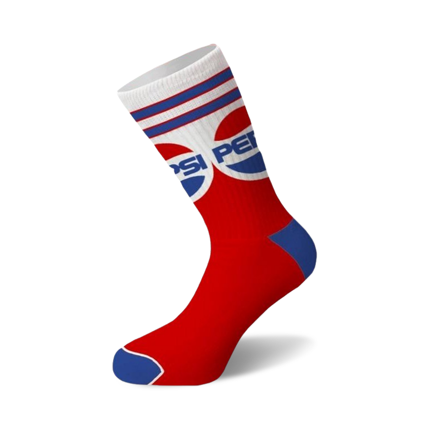 Single crew sock in red, white, and blue with a classic Pepsi logo and striped cuff on a white background.