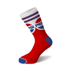 Single crew sock in red, white, and blue with a classic Pepsi logo and striped cuff on a white background.