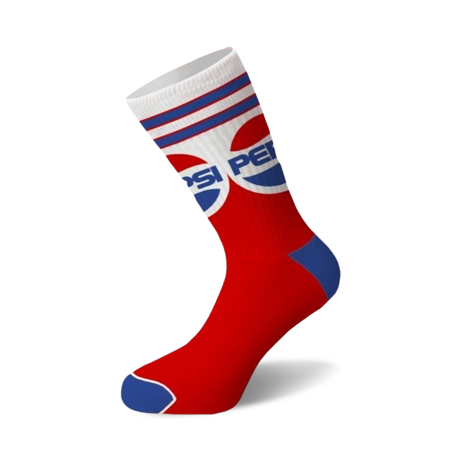 Single crew sock in red, white, and blue with a classic Pepsi logo and striped cuff on a white background.