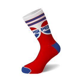 crew length pepsi socks in red, white, and blue with iconic logo.  