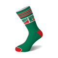 Green crew sock with a white cuff, red and green stripes, classic Mountain Dew logo, red heel, and red toe.