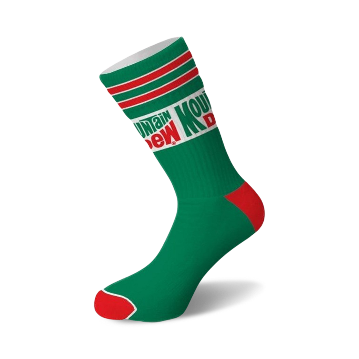 Green crew sock with a white cuff, red and green stripes, classic Mountain Dew logo, red heel, and red toe.