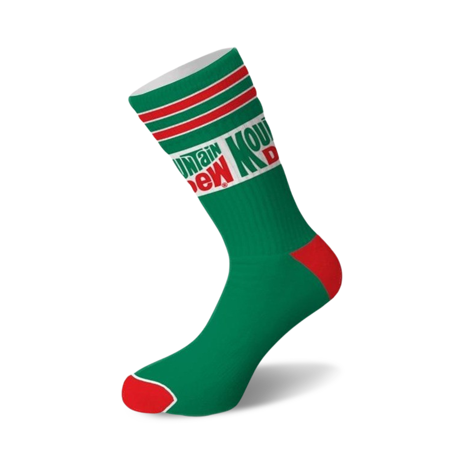Green crew sock with a white cuff, red and green stripes, classic Mountain Dew logo, red heel, and red toe.