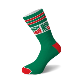mountain dew retro crew socks: celebrate your love for the classic beverage with these mountain dew-themed socks featuring white stripes, red accents, and bold branding.  