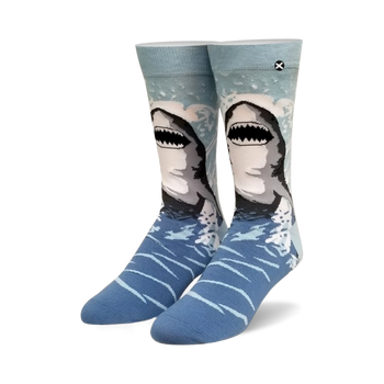 light blue crew socks with great white sharks pattern. men's and women's.  