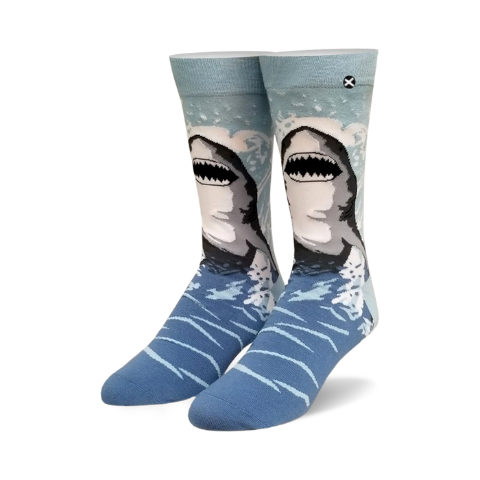 light blue crew socks with great white sharks pattern. men's and women's.   }}
