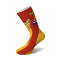 Crew socks with a red and yellow hot dog design and CatDog cartoon characters.  The CatDog characters are playfully positioned on the hot dog.