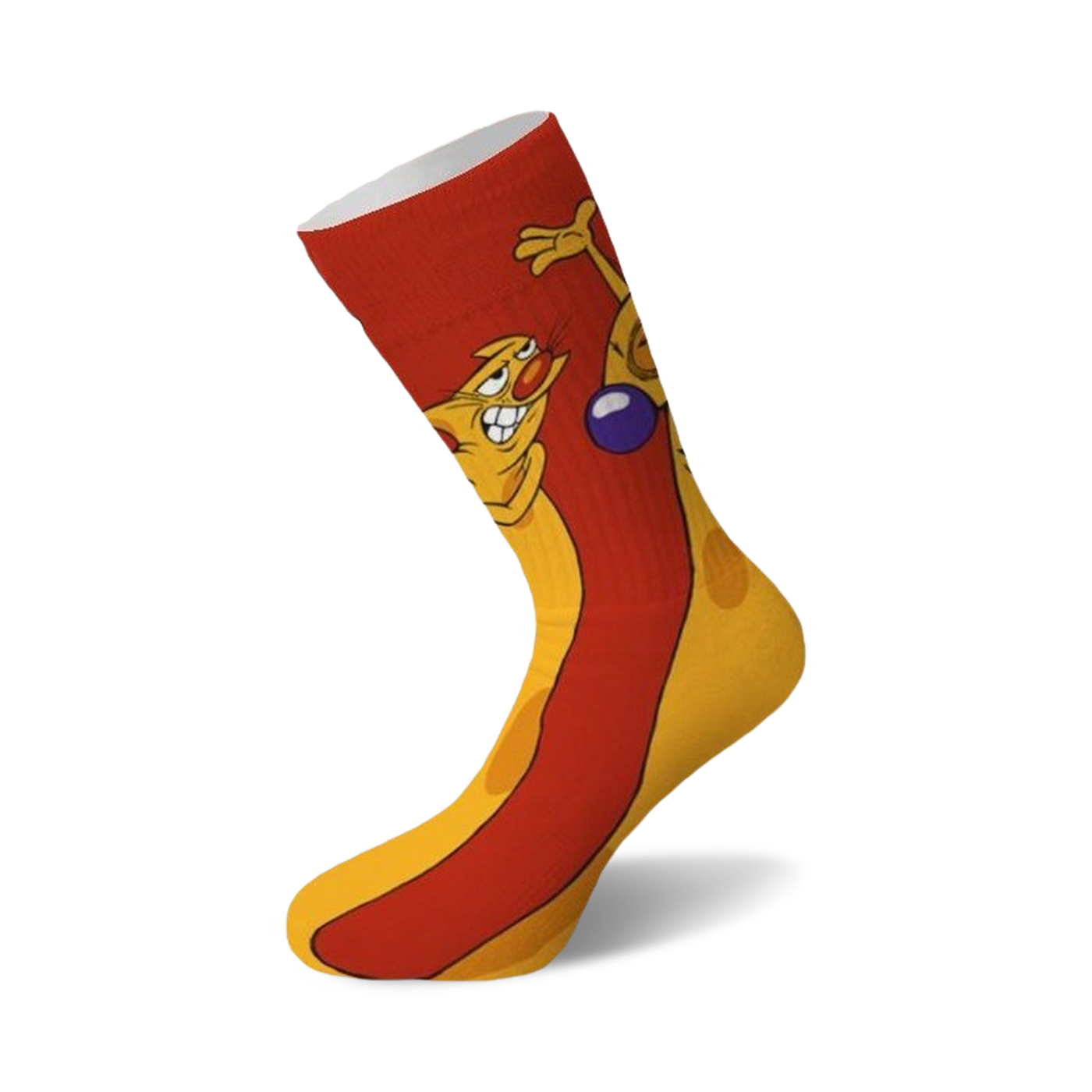 Crew socks with a red and yellow hot dog design and CatDog cartoon characters.  The CatDog characters are playfully positioned on the hot dog.