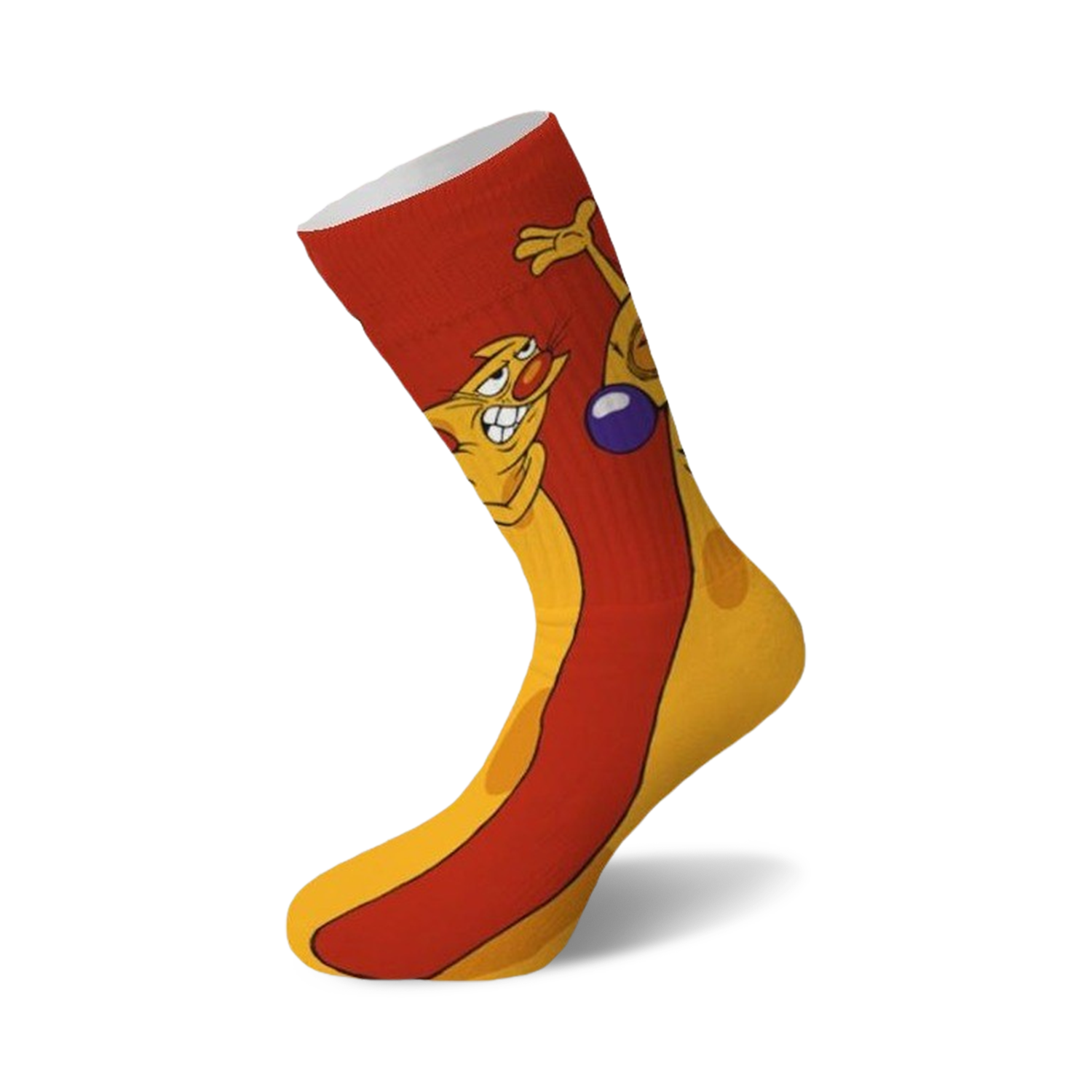 Crew socks with a red and yellow hot dog design and CatDog cartoon characters.  The CatDog characters are playfully positioned on the hot dog.