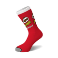 Red crew socks with a Pringles Original can design, featuring the Pringles mascot and logo. Gray reinforced toe.