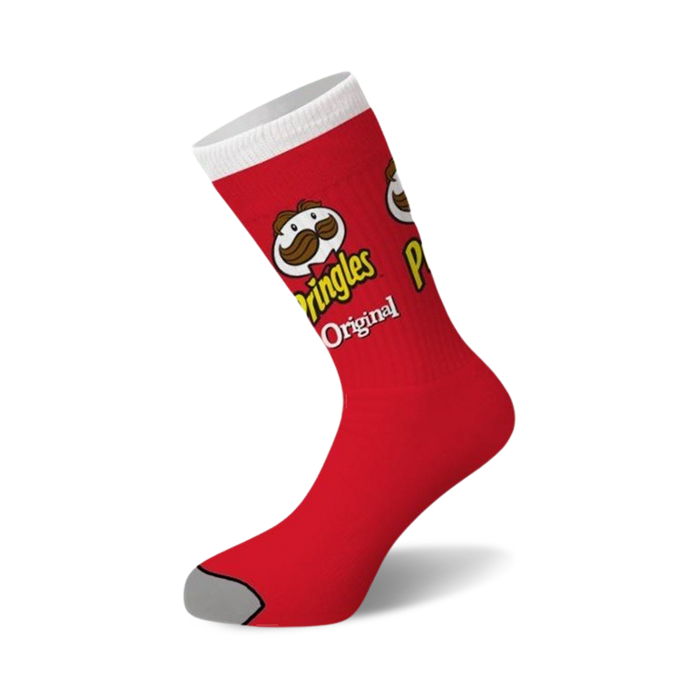 Red crew socks with a Pringles Original can design, featuring the Pringles mascot and logo. Gray reinforced toe.
