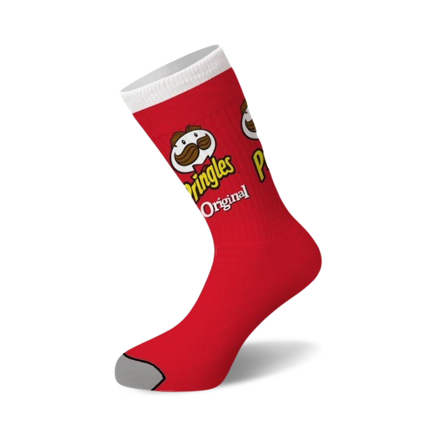 Red crew socks with a Pringles Original can design, featuring the Pringles mascot and logo. Gray reinforced toe.