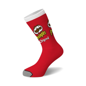 red crew socks with repeating pringles can logo pattern. unisex. fun food and drink design.  