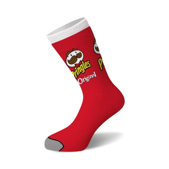red crew socks with repeating pringles can logo pattern. unisex. fun food and drink design.   }}