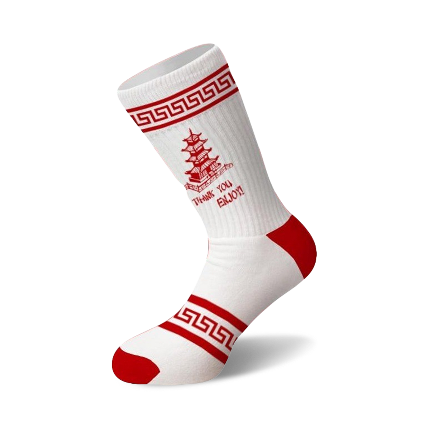 White crew socks with red accents. Features a red Chinese takeout-style pagoda image and 'Thank You, Enjoy!' text.