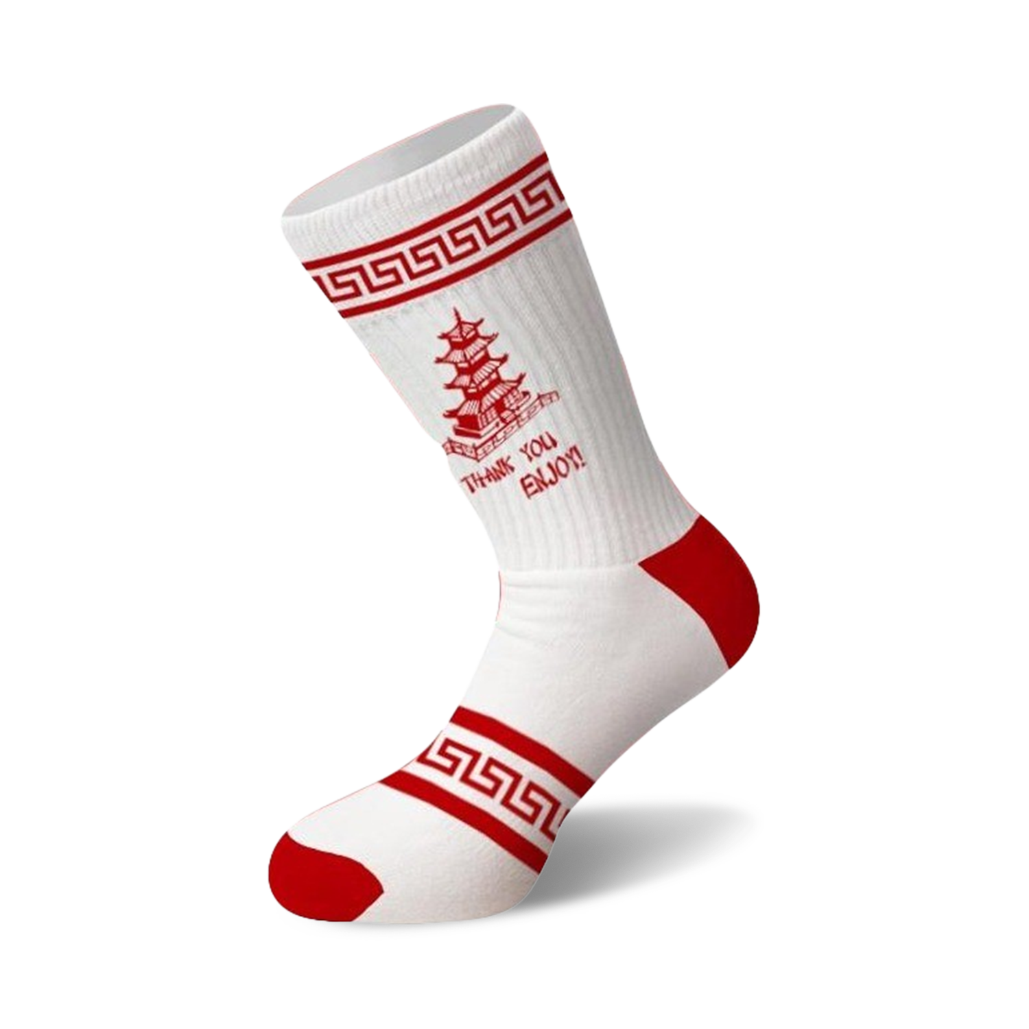 White crew socks with red accents. Features a red Chinese takeout-style pagoda image and 'Thank You, Enjoy!' text.